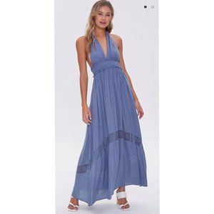 NWT Forever 21 Blue Plunging Halter Maxi Dress